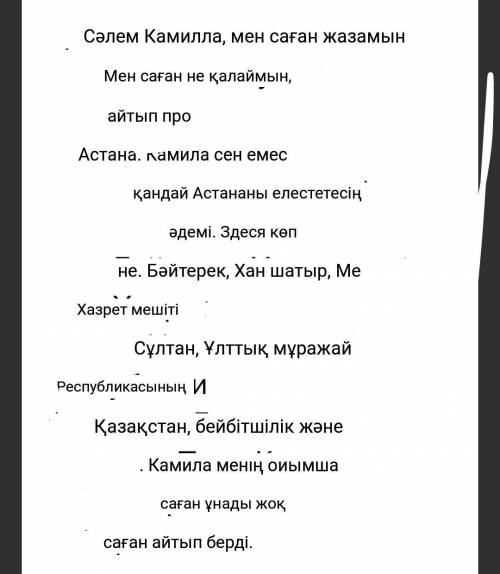 Переведите на каз яз камилла,я тебе пишу о том, что я хочу тебе, рассказать про астану.камила ты не