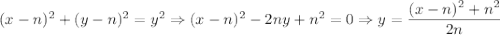 (x - n)^2 + (y - n)^2 = y^2 \Rightarrow (x - n)^2 - 2ny + n^2 = 0\Rightarrow y = \displaystyle{{(x - n)^2 + n^2}\over{2n}} \,