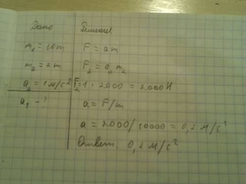 Нужно. масса грузового автомобиля 10 т а легкового 2 т. ускорение легкового автомобиля 1 м/с^2. како