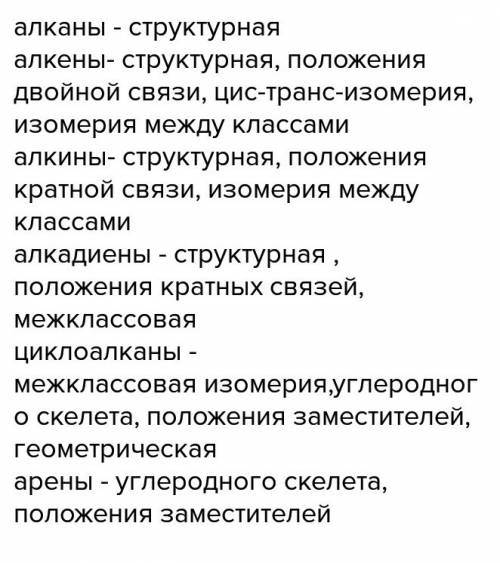 Какие характерные типы изомерии 1. алкенов 2. алкинов 3. алкадиенов 4. аренов