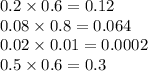 0.2 \times 0.6 = 0.12 \\ 0.08 \times 0.8 = 0.064 \\ 0.02 \times 0.01 = 0.0002 \\ 0.5 \times 0.6 = 0.3