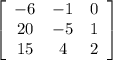 \left[\begin{array}{ccc}-6&-1&0\\20&-5&1\\15&4&2\end{array}\right]