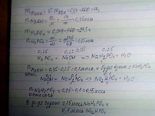 К200 г 7% раствора гидроксида натрия добавили 500г фосфорной кислоты с массовой долей 4.9% . определ