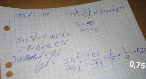 Найдите tg α если cos α = -0.8 и α ∈ (π; 3π/2)