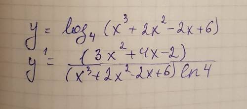 Найти производную: у=log4(x^3+2x^2-2x+6)