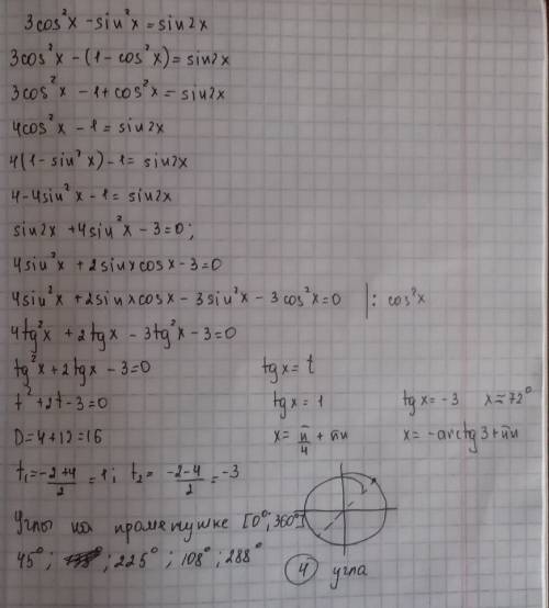 Найдите количество корней уравнения 3cos²x-sin²x=sin2x,принадлежащих отрезку l 0°; 360° l подробное