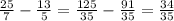 \frac{25}{7} - \frac{13}{5} = \frac{125}{35} - \frac{91}{35} = \frac{34}{35}