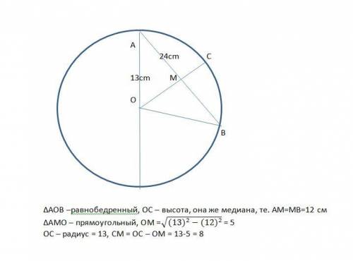 Ну ! в окружности с центром в точке о и радиусом оа=13 проведена хорда ав = 24 и радиус ос ,который