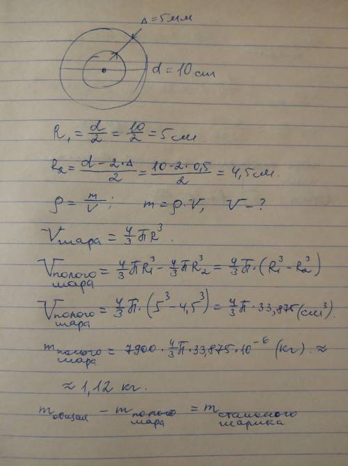 Полый шарик диаметром 10 см и толщиной стенки 5 мм выполнен из стали плотностью 7900 кг/м3. внутри с