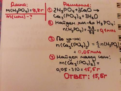 Сколько грамм соли получится при взаимодействии 9,8 гр h3po4 с оксидом cao