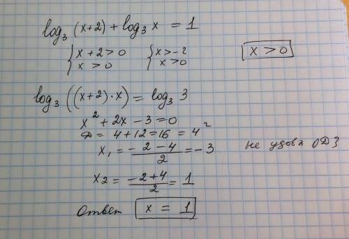 Решить уравнение с логарифм с основанием 3 (х+2) + логарифм с основанием 3 х=1