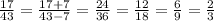 \frac{17}{43} = \frac{17 + 7}{43 - 7} = \frac{24}{36} = \frac{12}{18} = \frac{6}{9} = \frac{2}{3}