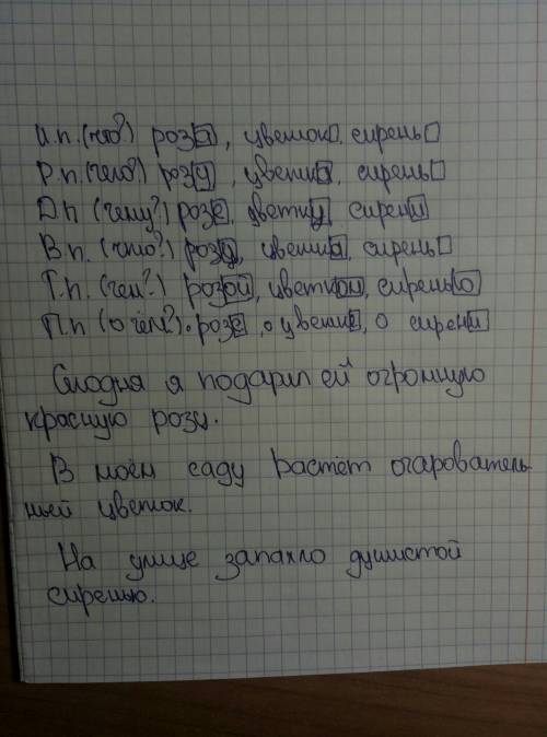 Просклоняйте существиттельные роза,цветок,сирень. выделите окончяния. составьте и запишите с этими с