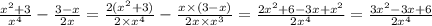 \frac{ {x}^{2} + 3 }{ {x}^{4} } - \frac{3 - x}{2x} = \frac{2({x}^{2} + 3) }{2 \times {x}^{4} } - \frac { {x}^{} \times (3 - x) }{2x \times {x}^{3} } = \frac{2 {x}^{2} + 6 - 3x + {x}^{2} }{2 {x}^{4} } = \frac{3 {x}^{2} - 3x + 6 }{2 {x}^{4} }