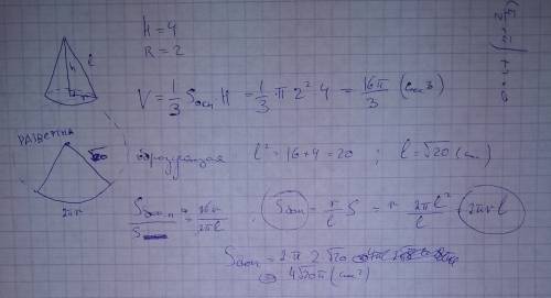 Дано: конус н=4см r=2см найти s пов ,v