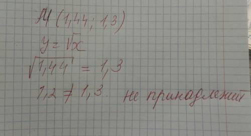 Принадлежит ли графику функций y=корень из x точка m(1,44; 1,3)