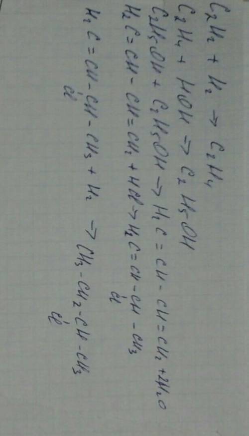 Составьте цепочку превращений ацетилен - этилен - этанол - бутадиен 1,3 - 3 хлорбутен 1 - 2,3 дихлор
