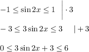 -1\leq \sin 2x\leq 1~~\bigg|\cdot 3\\ \\ -3\leq 3\sin 2x\leq 3~~~~|+3\\ \\ 0\leq 3\sin 2x+3\leq 6