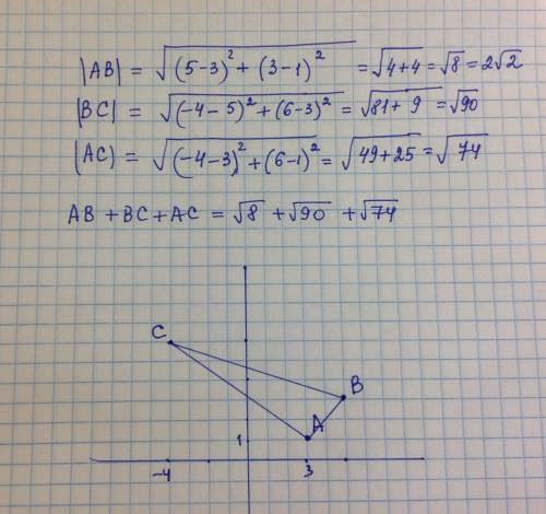 Вычислите периметр треугольника, вершинами которого служат точки a(3; 1), b(5; 3), c(-4; 6)