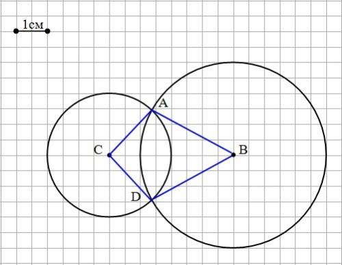Построить две окружности так, чтобы они пересеклись в двух точках . первая центром с и радиусом 2 см