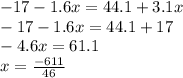 - 17 - 1.6x = 44.1 + 3.1x \\ - 17 - 1.6x = 44.1 + 17 \\ - 4.6x = 61.1 \\ x = \frac{ - 611}{46}