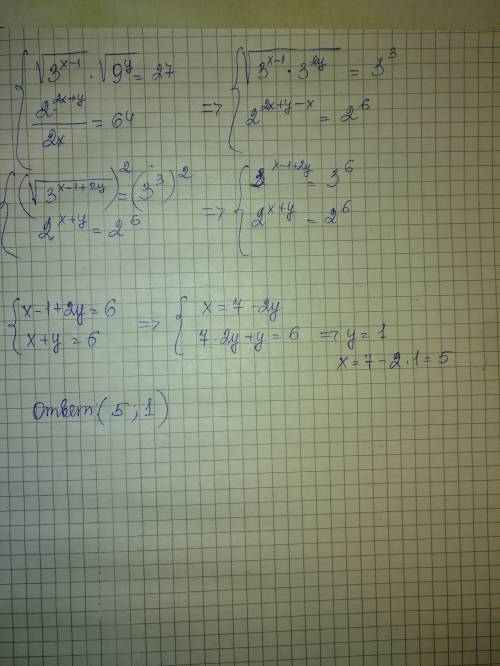 Решить систему : корень из 3^(х-1)*на корень из 9^у=27 и 2^(2х+у)/2^х=64