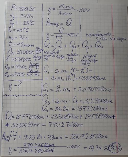 На электроплитке мощностью 1329 вт растопили 745 г льда с начальной температурой −28 °с. полученную