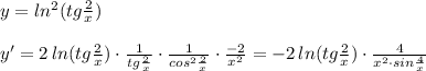 y=ln^2(tg\frac{2}{x})\\\\y'=2\, ln(tg\frac{2}{x})\cdot \frac{1}{tg\frac{2}{x}}\cdot \frac{1}{cos^2\frac{2}{x}}\cdot \frac{-2}{x^2}=-2\, ln(tg\frac{2}{x})\cdot \frac{4}{x^2\cdot sin\frac{4}{x}}