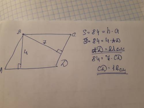 Найти стороны параллелограмма если его площадь равна 84 см высота проведённая к этим сторонам равны