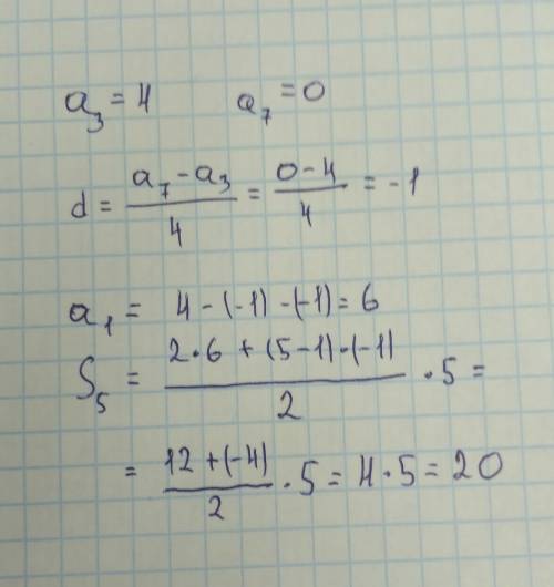 Арифметическая прогрессия дано: а3=4 а7=0 найти: а1,d,s5-?