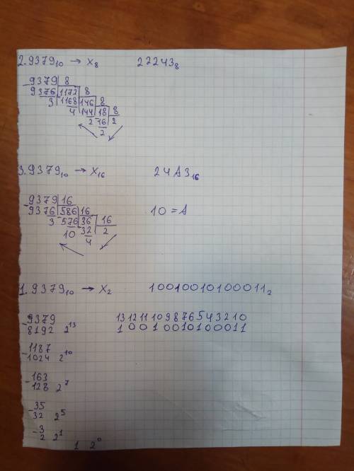 Перевести число 9379 десятичной сс в двоичную восьмеричную и шестнадцатеричную сс