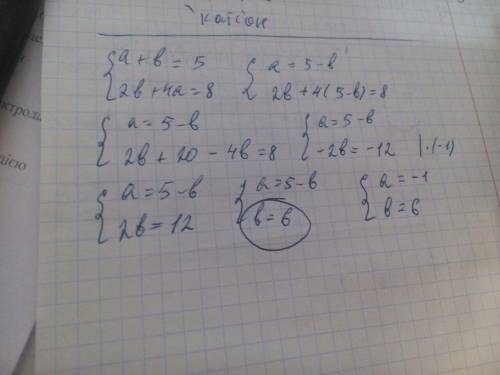 Выразите переменную b через переменную а в выражении а+b=5 2b+4a=8 !