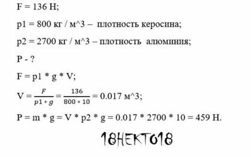 При погружении в керосин на тело, изготовленное из алюминия, воздействовала подъемная сила 136 ньюто