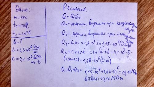 Какое количество теплоты выделится при конденсации водяного пара массой 5 кг и охлаждении образовавш