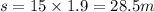 s = 15 \times 1.9 = 28.5m