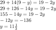 29 + 14(9 - y) = 19 - 2y \\ 29 + 126 - 14y = 19 - 2y \\ 155 - 14y = 19 - 2y \\ - 12y = - 136 \\ y = 11 \frac{1}{3}