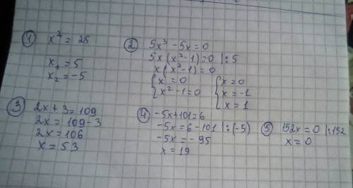 X²=25 5x³-5x=0 2x+3=109 -5x+101=6 152x=0 x=0