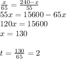 \frac{x}{65} =\frac{240-x}{55} \\55x=15600-65x\\120x=15600\\x=130\\\\t=\frac{130}{65} = 2