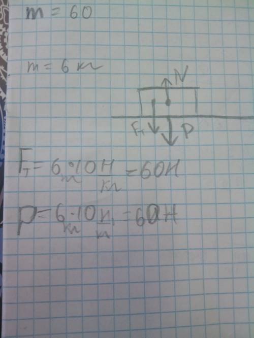 Масса тела 6 кг. найти силу тчжести и вес тела. начертить силы