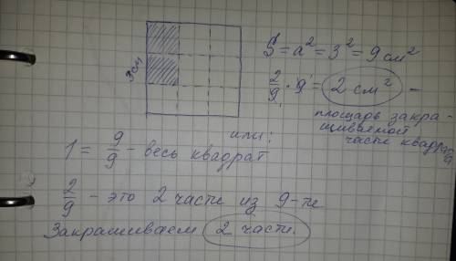 Начертить квадрат из стороной 3см.заресуй на черчении 2/9площадь квадрата