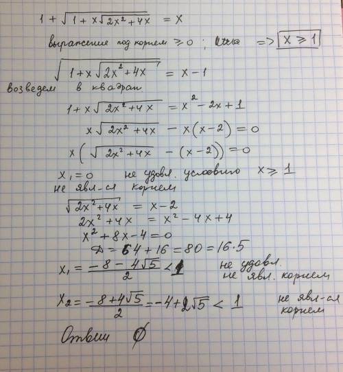 Решить уравнение: 1+√(1+x√(2x²+4x))=x