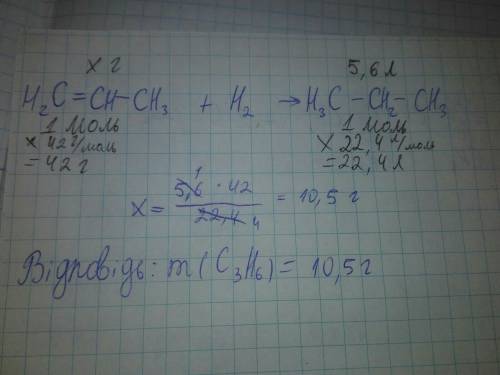 При гидрирование пропена, получен пропан объёмом 5,6л. найти массу пропена, вступившего в реакцию ги