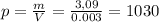 p=\frac{m}{V} = \frac{3,09}{0.003} =1030