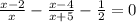 \frac{x-2}{x}-\frac{x-4}{x+5}-\frac{1}{2}=0