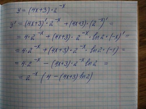 Найти производную функции y=(4x+3)×2∧-x