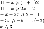 11 - x \geqslant (x + 1)2\\11 - x \geqslant 2x + 2\\-x - 2x \geqslant 2 - 11\\-3x \geqslant -9 \ \ \ | : (-3)\\x \leqslant 3