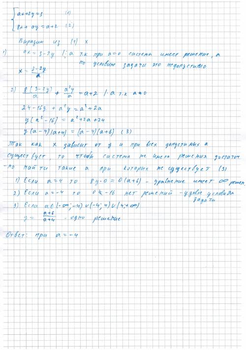 При каких значениях параметра а, система уравнений не имеет решений? ах+2у=3 8х+ау= а+2