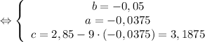 \tt \displaystyle \Leftrightarrow \left \{\begin{array}{ccc}b=-0,05\\a =-0,0375\\c=2,85-9 \cdot (-0,0375) =3,1875 \end{array}\right