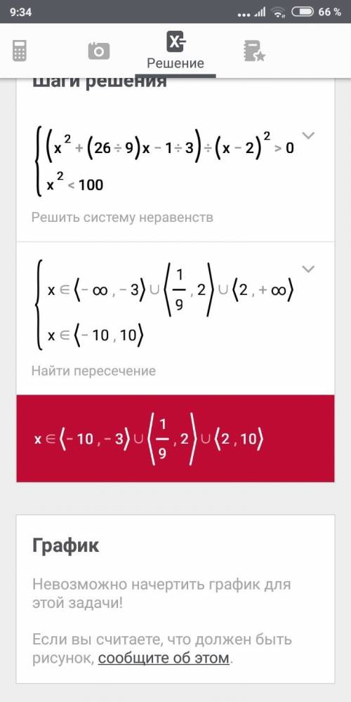 Реши систему неравенств: (x^2+(26/9)x−1/3)/(x−2)^2> 0 x^2< 100 x∈( ; ) ∪ ( ; ) ∪ ( ; ) (бескон