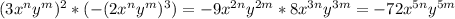 (3x^{n}y^{m})^{2} * (-(2x^{n}y^{m})^{3})=-9x^{2n}y^{2m}*8x^{3n}y^{3m} = -72x^{5n}y^{5m}